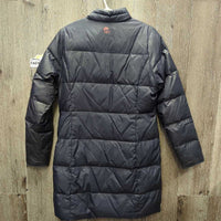 Long Puffe Jacket, zip *fair, dirty, shiny/rubbed, stains, curled lining, sm pocket edge holes, cuffs: v.pilly & rubbed
