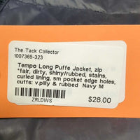 Long Puffe Jacket, zip *fair, dirty, shiny/rubbed, stains, curled lining, sm pocket edge holes, cuffs: v.pilly & rubbed
