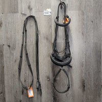 Rsd Dressage Bridle, Crank, Flash, Cotton Web Reins *gc, mnr dirt, rubs, scrapes & dents, tight & missing keepers
