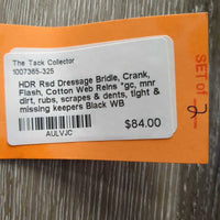 Rsd Dressage Bridle, Crank, Flash, Cotton Web Reins *gc, mnr dirt, rubs, scrapes & dents, tight & missing keepers
