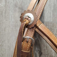 v.Hvy Leather Headstall, Conchos, Laces *vgc, mnr rubs, dirt?stains, stretched/loose keeper
