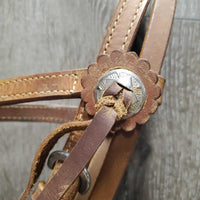 v.Hvy Leather Headstall, Conchos, Laces *vgc, mnr rubs, dirt?stains, stretched/loose keeper
