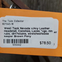 v.Hvy Leather Headstall, Conchos, Laces *vgc, mnr rubs, dirt?stains, stretched/loose keeper
