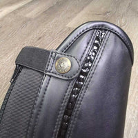 Synthetic Leather Half Chaps, Back Zips, "Crocodile" Trim, bag *like new/xc, mnr hair, scratches & rough edge
