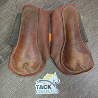 Closed Leather Brushing - Splint Boots, Buckles *gc, older, rubs, scrapes, stains, dirt, xholes, curled edges
