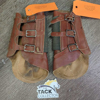 Closed Leather Brushing - Splint Boots, Buckles *gc, older, rubs, scrapes, stains, dirt, xholes, curled edges
