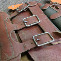 Closed Leather Brushing - Splint Boots, Buckles *gc, older, rubs, scrapes, stains, dirt, xholes, curled edges

