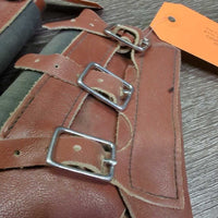 Closed Leather Brushing - Splint Boots, Buckles *gc, older, rubs, scrapes, stains, dirt, xholes, curled edges
