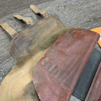 Closed Leather Brushing - Splint Boots, Buckles *gc, older, rubs, scrapes, stains, dirt, xholes, curled edges

