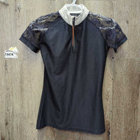SS Show Shirt, 1/4 Zip up, Lace sleeves *vgc, mnr crinkled collar, snags
