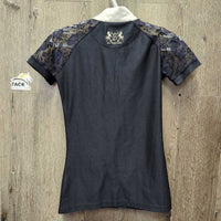 SS Show Shirt, 1/4 Zip up, Lace sleeves *vgc, mnr crinkled collar, snags
