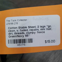 Cotton Stable Sheet, 2 legs *gc, clean, v. faded, repairs, mnr hair, dirt, threads, clumpy fleece
