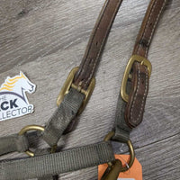Thick Narrow Nylon Halter, Leather Crown *gc, dirt, stiff, faded, discolored, stains, dry/cracking leather , older
