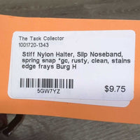 Stiff Nylon Halter, Slip Noseband, spring snap *gc, rusty, clean, stains, edge frays
