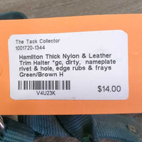 Thick Nylon & Leather Trim Halter *gc, dirty, nameplate rivet & hole, edge rubs & frays

