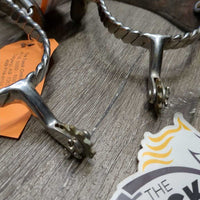 Flat Twistted Western Rowel Spurs, Plain Leather Spur Straps *vgc, clean & mnr dirty, widened, scrapes, oxidized
