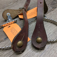 Flat Twistted Western Rowel Spurs, Plain Leather Spur Straps *vgc, clean & mnr dirty, widened, scrapes, oxidized
