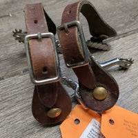 Flat Twistted Western Rowel Spurs, Plain Leather Spur Straps *vgc, clean & mnr dirty, widened, scrapes, oxidized
