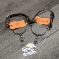 Flat Twistted Western Rowel Spurs, Plain Leather Spur Straps *vgc, clean & mnr dirty, widened, scrapes, oxidized
