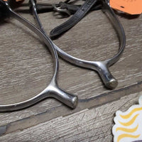 Pr POW Spurs, Leather Spur Straps *gc, scuffs, rubs, peeled/bubbled ends, residue, film, faded
