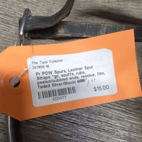 Pr POW Spurs, Leather Spur Straps *gc, scuffs, rubs, peeled/bubbled ends, residue, film, faded
