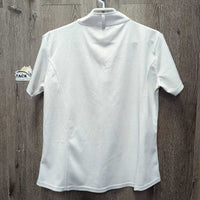 SS Polo Show Shirt, 1/4 Button Up, attached snap collar *gc, mnr snags, older, peeled/faded logos
