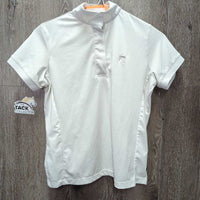 JUNIORS SS Show Shirt, 1/3 Snap Up, attached snap collar, perforated sleeves *gc, seam puckers, peeling logo, mnr undone seam stitching, snags
