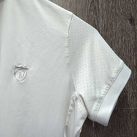 JUNIORS SS Show Shirt, 1/3 Snap Up, attached snap collar, perforated sleeves *gc, seam puckers, peeling logo, mnr undone seam stitching, snags
