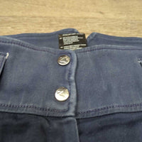 High Waist Full Seat Denim Breeches *gc, v.faded, seam puckers, edge rubs, older,? pulled seat seam, discolored spots
