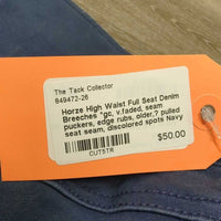 High Waist Full Seat Denim Breeches *gc, v.faded, seam puckers, edge rubs, older,? pulled seat seam, discolored spots
