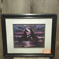 2 Rearing Horses Print, matted, Wood Frame *vgc, mnr residue, dirty, scrapes, rubs, discolored, hole
