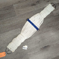 27 Cotton String Wide Roper Cinch, D Rings *gc, older, clean, mnr hair, stains, rusty/peeled spots
