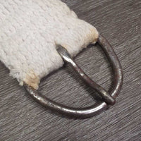 27 Cotton String Wide Roper Cinch, D Rings *gc, older, clean, mnr hair, stains, rusty/peeled spots
