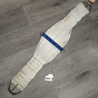 27 Cotton String Wide Roper Cinch, D Rings *gc, older, clean, mnr hair, stains, rusty/peeled spots
