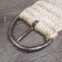 27 Cotton String Wide Roper Cinch, D Rings *gc, older, clean, mnr hair, stains, rusty/peeled spots
