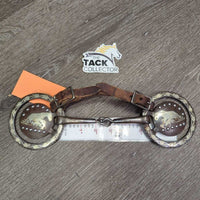 Thin Loose Ring, Tooled Edges, Reining Horse Center, Leather Rolled Chin Strap *gc, scratches, rubs, stains, clean, dry, stiff, rust spots
