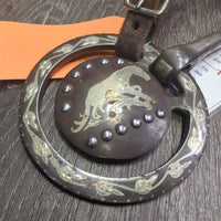 Thin Loose Ring, Tooled Edges, Reining Horse Center, Leather Rolled Chin Strap *gc, scratches, rubs, stains, clean, dry, stiff, rust spots
