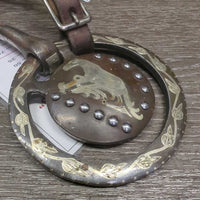Thin Loose Ring, Tooled Edges, Reining Horse Center, Leather Rolled Chin Strap *gc, scratches, rubs, stains, clean, dry, stiff, rust spots
