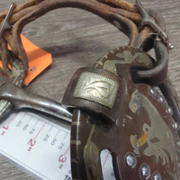 Thin Loose Ring, Tooled Edges, Reining Horse Center, Leather Rolled Chin Strap *gc, scratches, rubs, stains, clean, dry, stiff, rust spots
