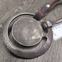 Thin Loose Ring, Tooled Edges, Reining Horse Center, Leather Rolled Chin Strap *gc, scratches, rubs, stains, clean, dry, stiff, rust spots
