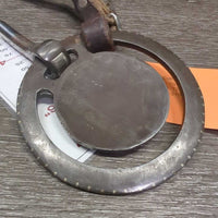 Thin Loose Ring, Tooled Edges, Reining Horse Center, Leather Rolled Chin Strap *gc, scratches, rubs, stains, clean, dry, stiff, rust spots
