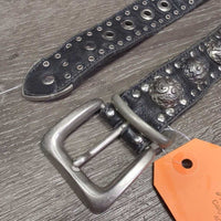 Thick Soft Leather Western Belt, light buckle, bling *gc, creases, dents, edge rubs, scrapes & frays, missing rivet?
