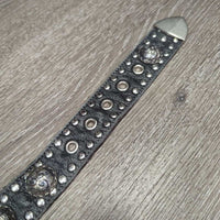 Thick Soft Leather Western Belt, light buckle, bling *gc, creases, dents, edge rubs, scrapes & frays, missing rivet?

