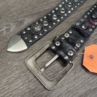 Thick Soft Leather Western Belt, light buckle, bling *gc, creases, dents, edge rubs, scrapes & frays, missing rivet?
