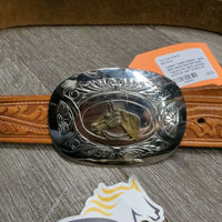 Tooled Western Leather Belt, Horse Head Belt Buckle *vgc/xc, mnr dents, scratches, scuffs & rubs
