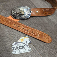 Tooled Western Leather Belt, Horse Head Belt Buckle *vgc/xc, mnr dents, scratches, scuffs & rubs
