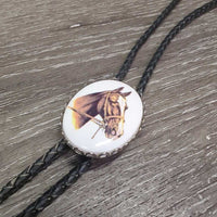 Vintage Braided Leather Bolo Tie, Ceramic Horse Head Claps *xc/vgc, clean, mrnr rubs, film? & scrapes
