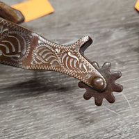 Tooled Western Rowel Spurs, Leaher Straps *xc, mnr stains, film, rubs & dents
