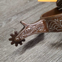 Tooled Western Rowel Spurs, Leaher Straps *xc, mnr stains, film, rubs & dents
