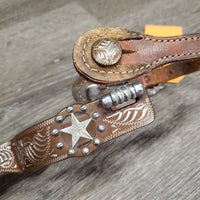 Tooled Western Rowel Spurs, Leaher Straps *xc, mnr stains, film, rubs & dents
